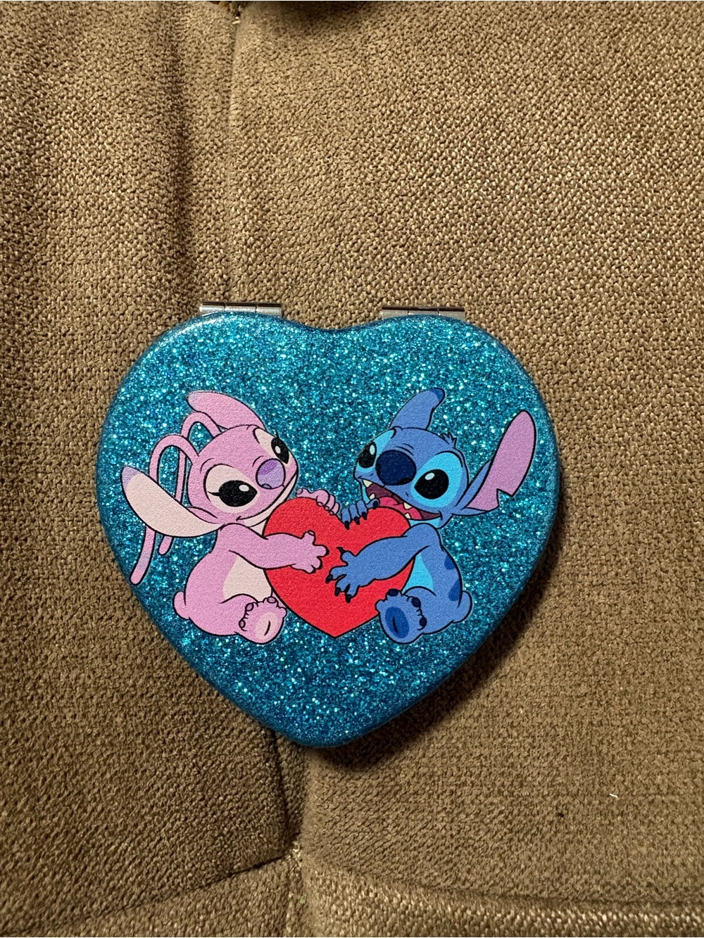 Glitter Heart Compact with Stitch & Angel Holding Heart - Teal Glitter